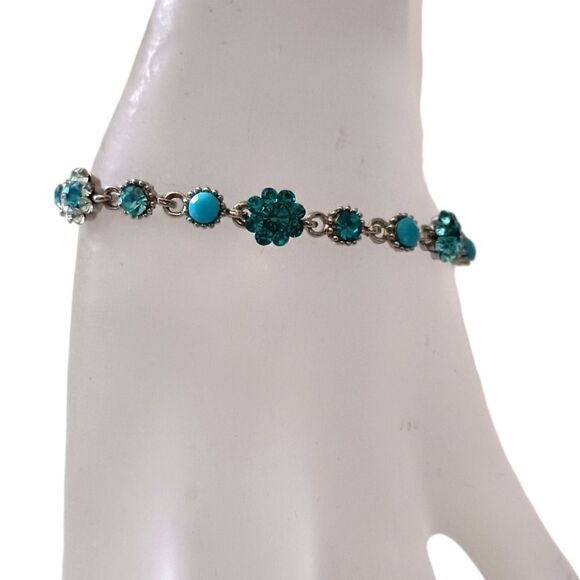 Aqua Blue Rhinestone Link Bracelet Faux Turquoise Silver Tone Coastal Beachy - Picture 5 of 16